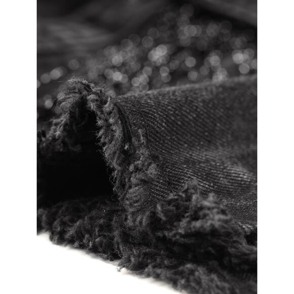 Crop Denim Jacket Tassel Button Down Long Sleeves Black - Picture 5 of 6